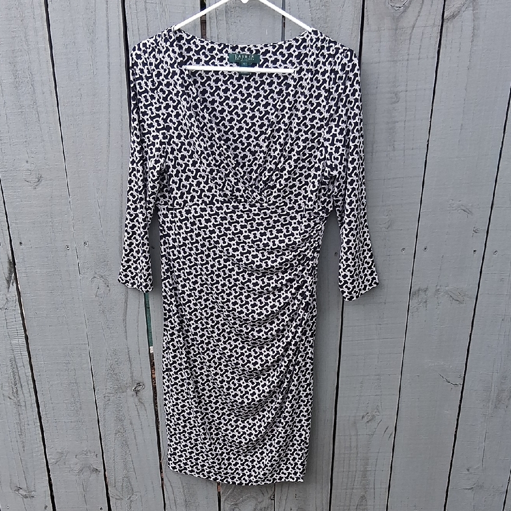 Ralph Lauren Black & White Ruched V-Neck Sheath Dress